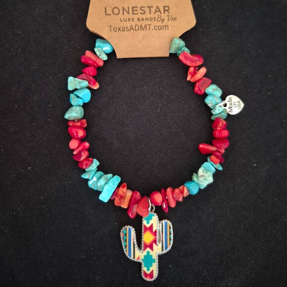 Western Aztec Cactus Hat Band – Turquoise & Coral colored Stone Beads - Picture 3 of 4